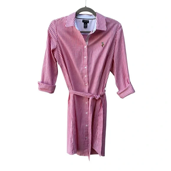 US Polo Assn. Women’s M Raspberry & White Long Sleeve Striped Oxford Shirt Dress - Picture 4 of 12